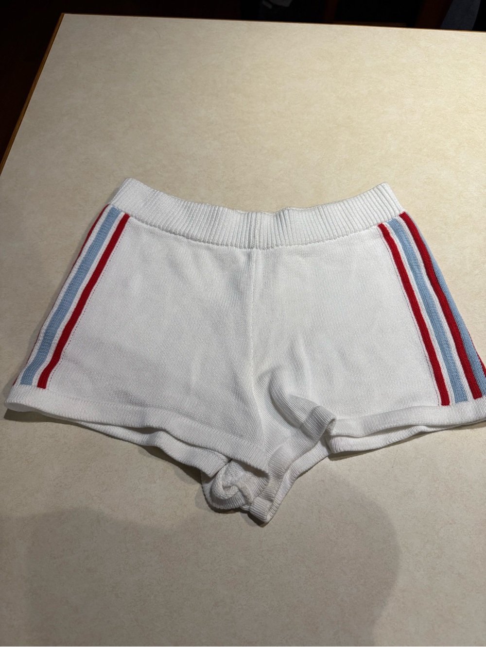 Anthropologie White Knit High-Waist Shorts with Red & Light Blue Stripes